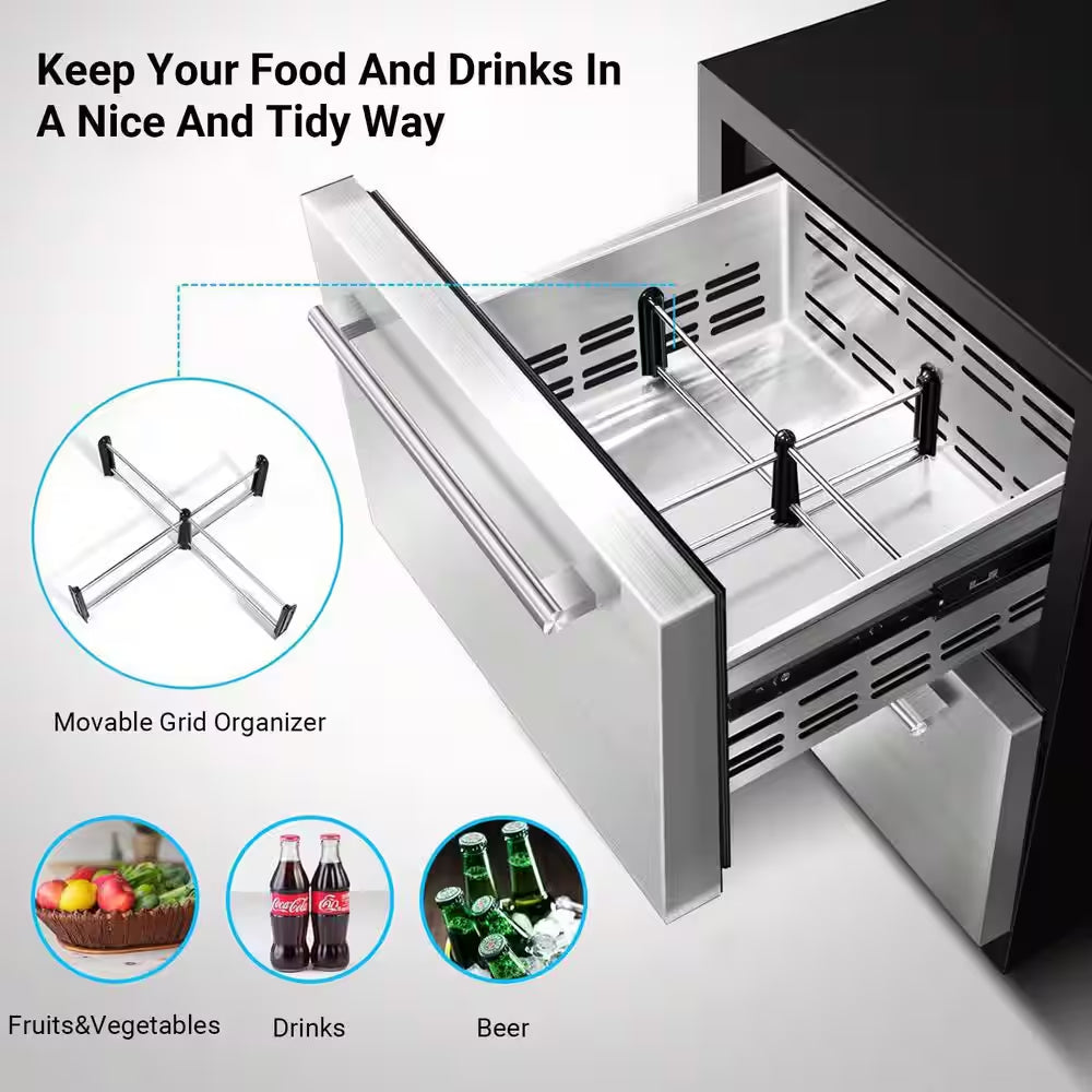 24 In. Single Zone 149 Cans Beverage & Wine Cooler with Double Drawer in Stainless Steel for Outdoor & Indoor Use