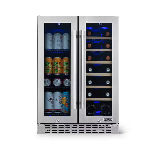 24 In. 18-Bottle and 58-Can Dual Zone Wine and Beverage Cooler in Stainless Steel,Built-In or Freestanding W/French Door