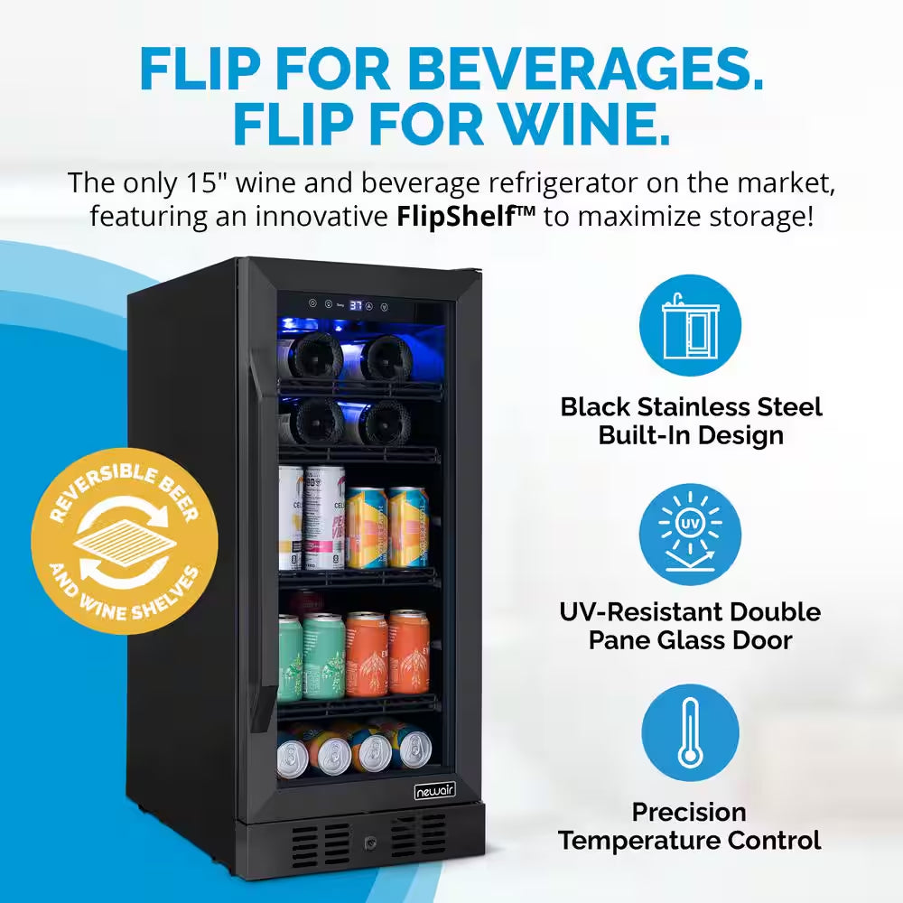 15 In. Flipshelf 33 Wine Bottles & 80 Cans Reversible Shelves Built-In Beverage and Wine Cooler in Black Stainless Steel