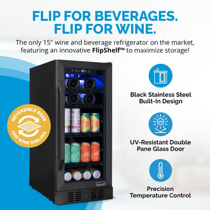 15 In. Flipshelf 33 Wine Bottles & 80 Cans Reversible Shelves Built-In Beverage and Wine Cooler in Black Stainless Steel