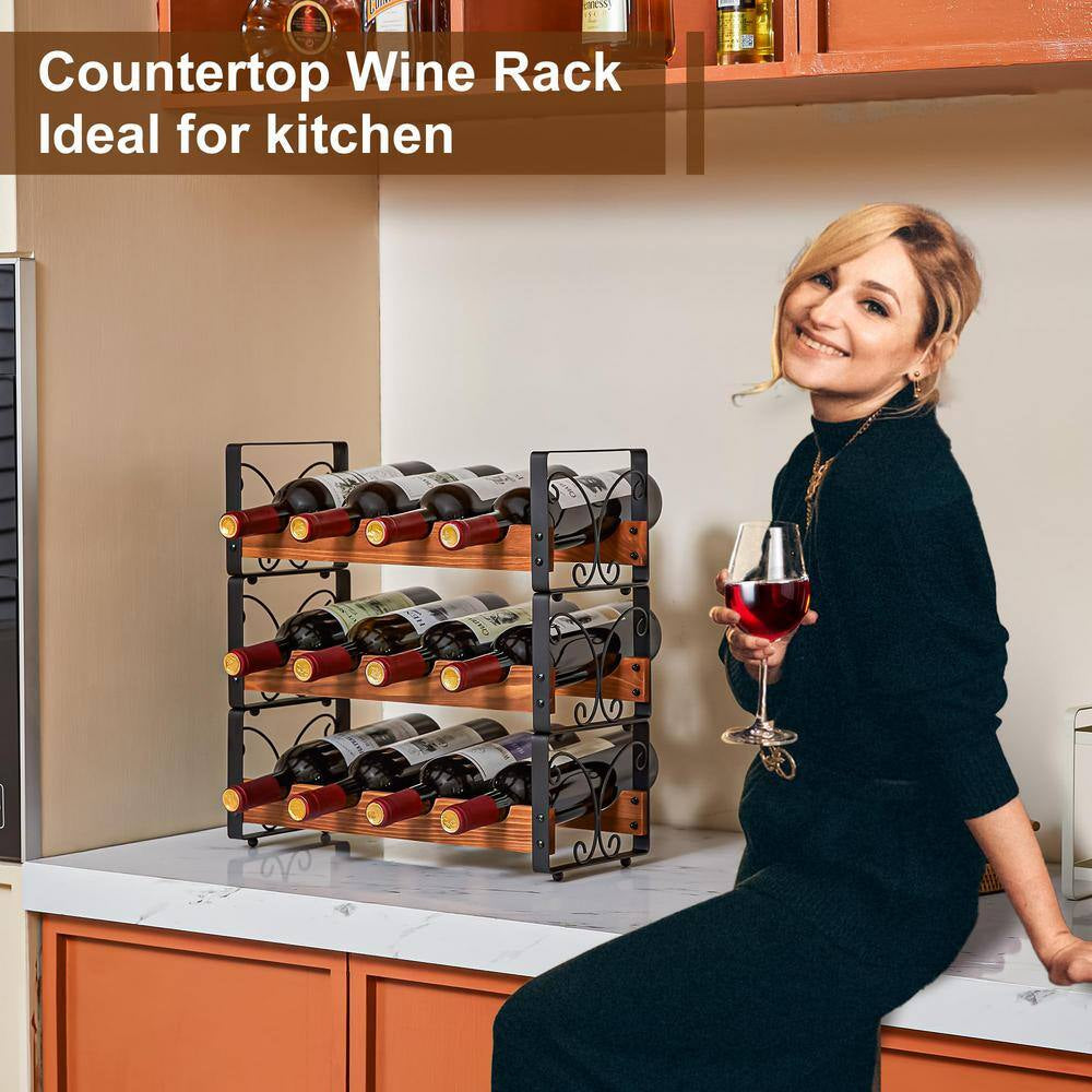12-Bottle Black and Brown Countertop Wine Rack, Stackable Wine Organizer, 3-Tier Freestanding Wine Bottle Holder