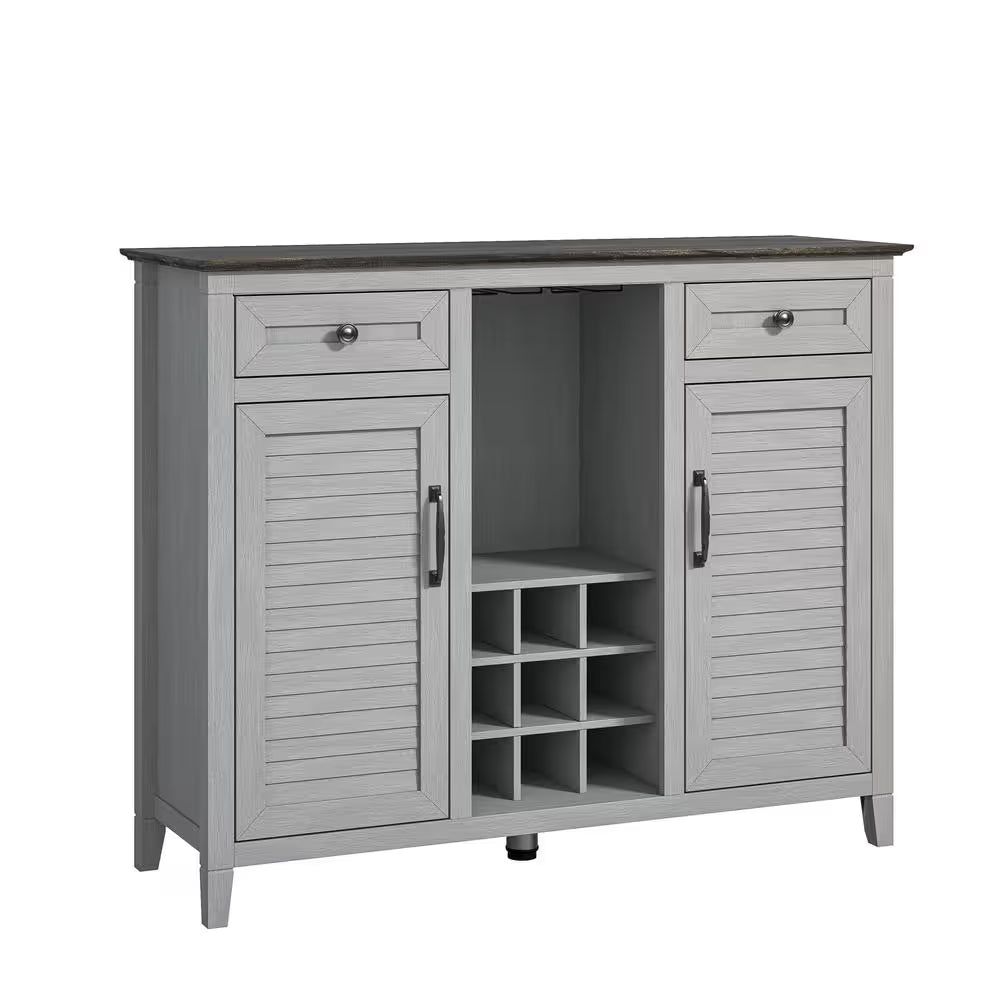 Scandinavian 47 In. Gray Wine Cabinet with Textured Patterns Door and Wooden Pattern Countertop