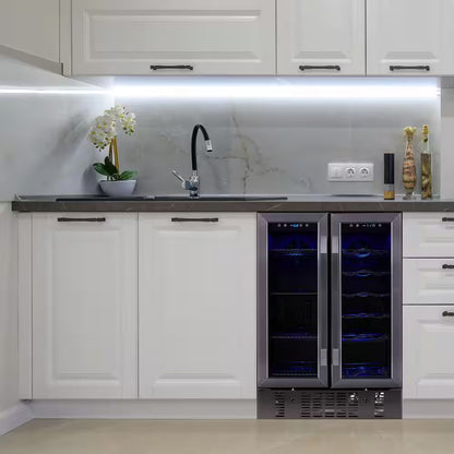 24 In.18 Bottles 60 Cans Built-In Dual Zone Beverage and Wine Cooler in Black Stainless Steel with French Doors and Lock