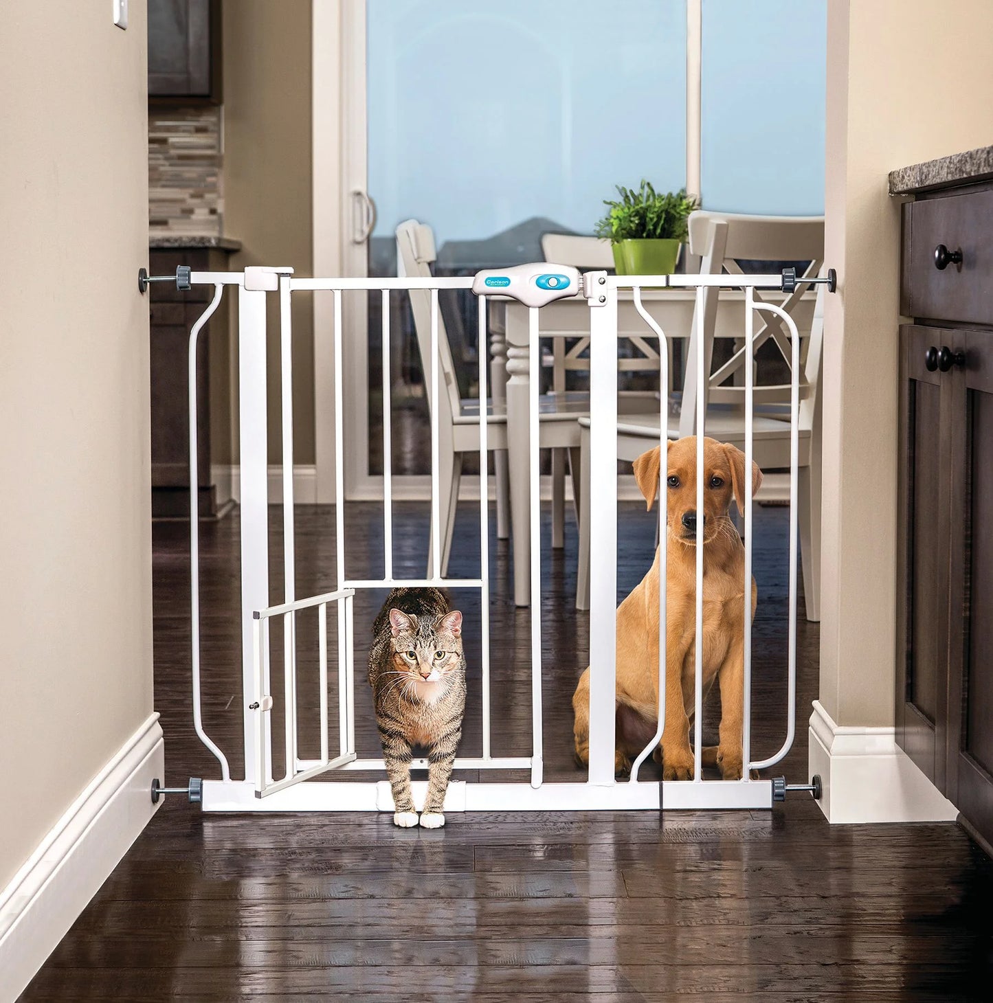 (2 Pack)  Metal Dog Gate with Walk-Through and Additional Small Door, 31" Tall, White
