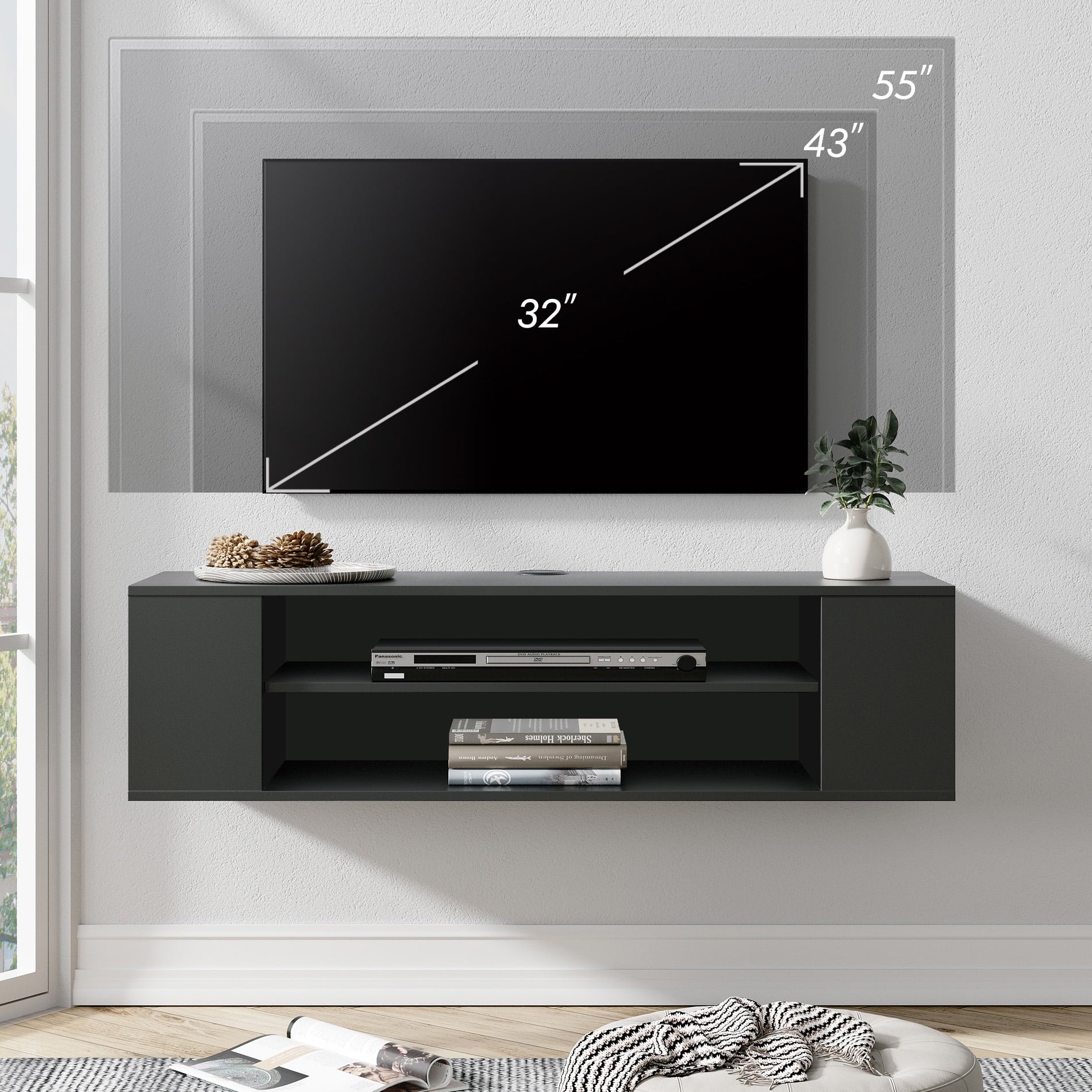 Yellow Light Floating TV Stand with Adjustable Shelves for Living Room Bedroom, Black, 39.4 Inch