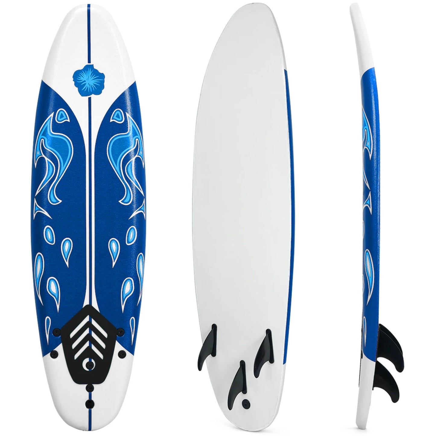 Surfing Body Board 6Ft W/ 3 Removable Fins Safety Leash White