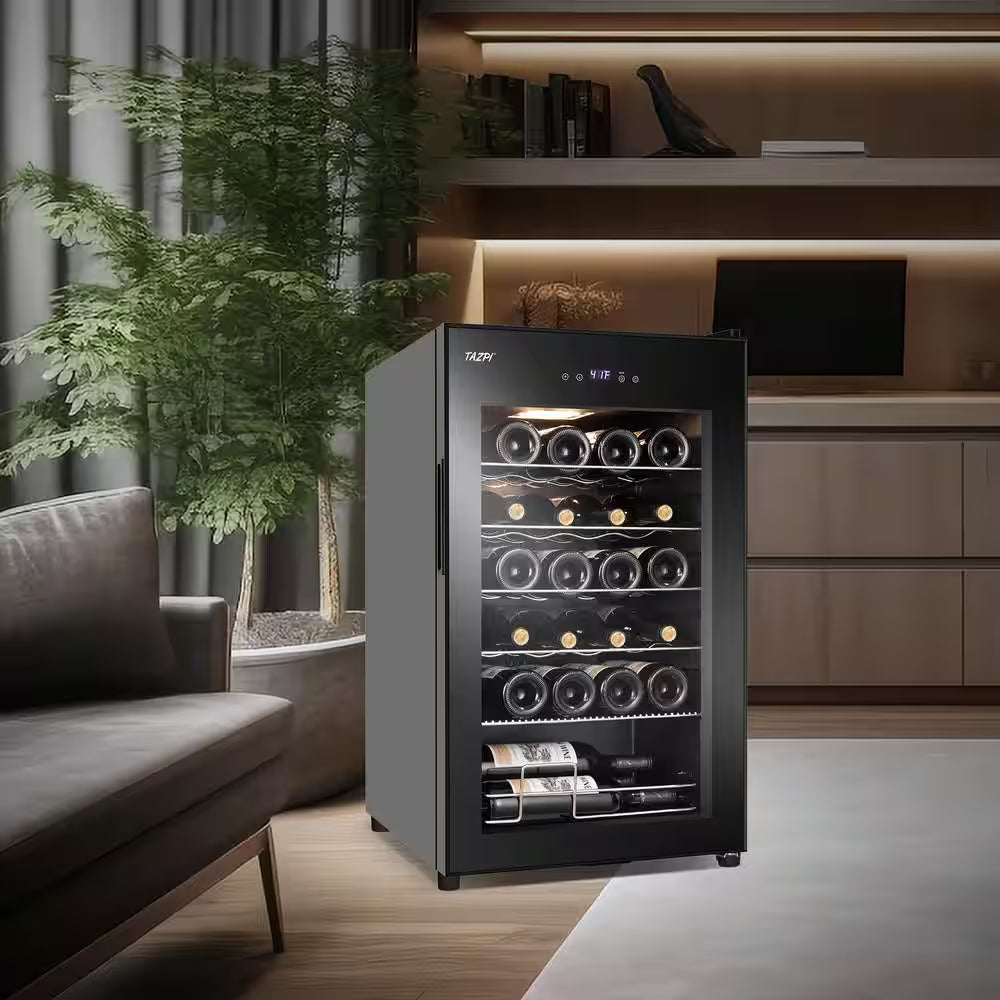 17 In. Wine Cooler 24 Bottle Freestanding Wine Refrigerator with Door Lock, Black