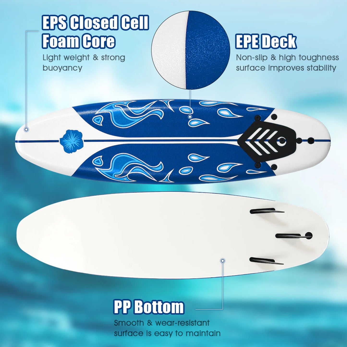 Surfing Body Board 6Ft W/ 3 Removable Fins Safety Leash White