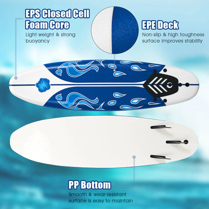 Surfing Body Board 6Ft W/ 3 Removable Fins Safety Leash White