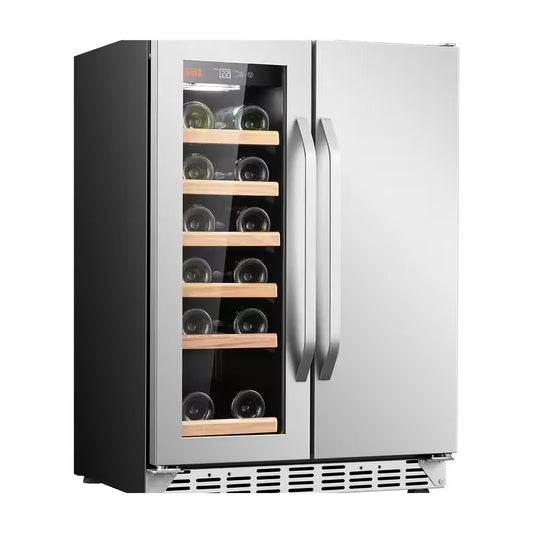 23.4 In. Dual Zone 18-Wine Bottles and 55-Cans with French Door Beverage and Wine Cooler in Stainless Steel