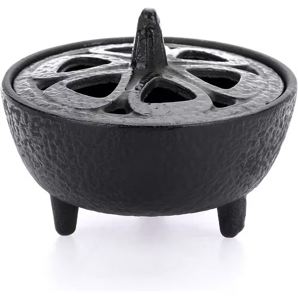 Vintage Tripod Cast Iron Incense Burner with Lotus Lid
