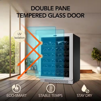 24 In. 46-Bottle Wine Cooler Fridge Built-In or Freestanding Stainless Steel Trim French Door UV Glass Protection