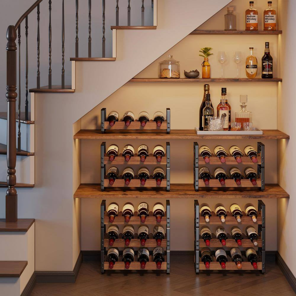 12-Bottle Black and Brown Countertop Wine Rack, Stackable Wine Organizer, 3-Tier Freestanding Wine Bottle Holder