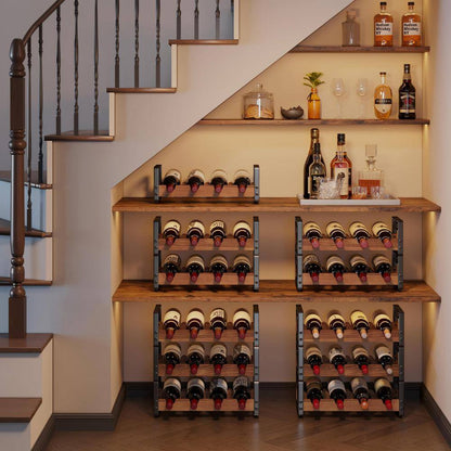 12-Bottle Black and Brown Countertop Wine Rack, Stackable Wine Organizer, 3-Tier Freestanding Wine Bottle Holder