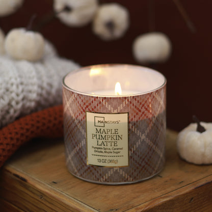 3-Wick Maple Pumpkin Latte Orange Plaid Design, 13-Ounce