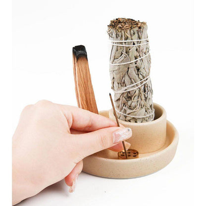 Sand Ceramic 4-In-1 Incense Holder with Ash Catcher Tray for Meditation and Yoga