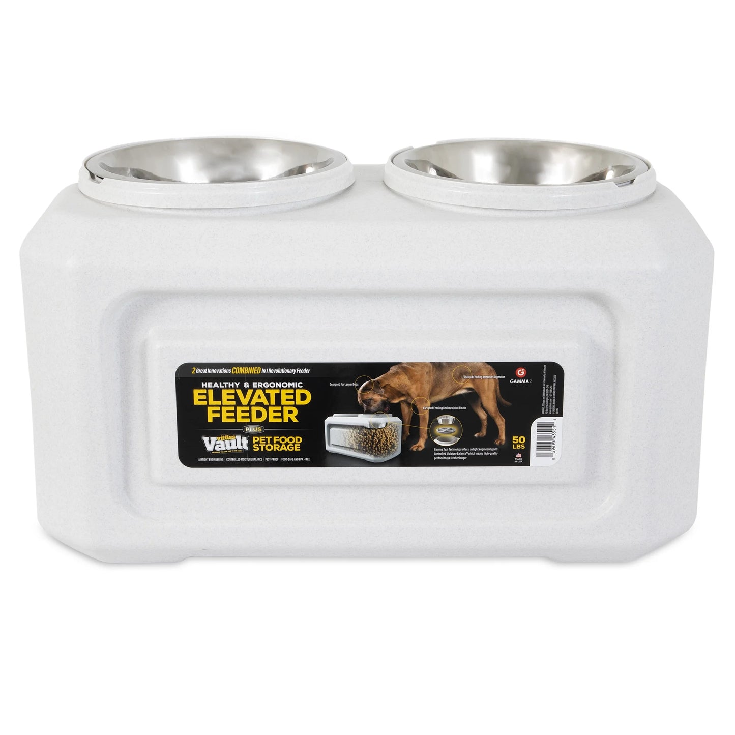 Vittles Vault 2-In-1 Elevated Stainless Steel Dog Bowls with 50 Lb Dry Food Storage, White