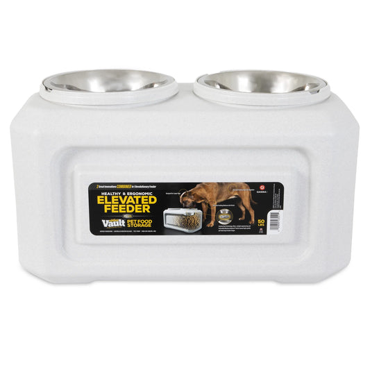 Vittles Vault 2-In-1 Elevated Stainless Steel Dog Bowls with 50 Lb Dry Food Storage, White
