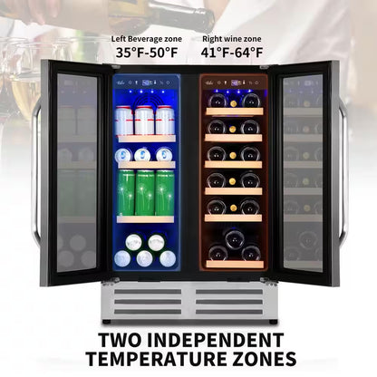 24 In.Dual Zone 18-Wine Bottles and 88-Can Built-In and Freestanding with French Door Beverage Cooler in Stainless Steel