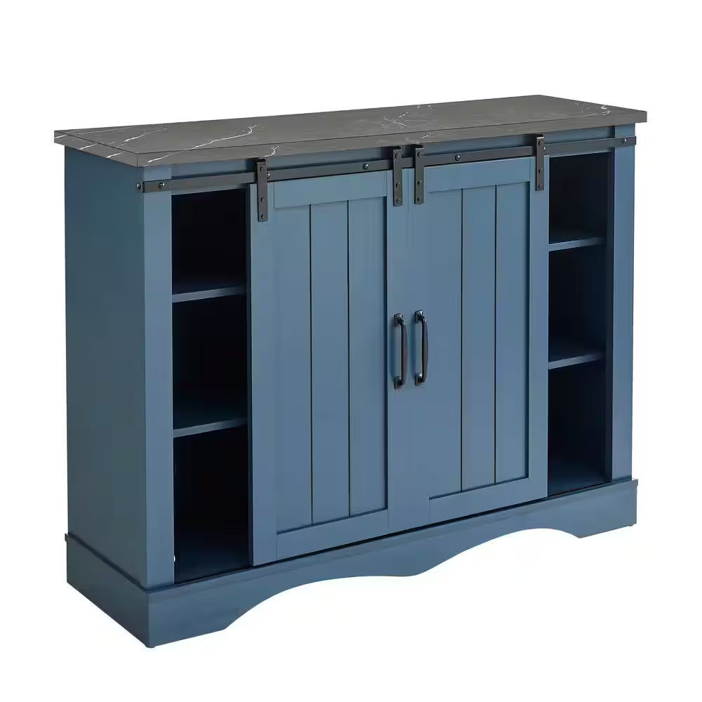 47 In. Navy Blue Wood Buffet Bar Cabinet with Barn Door with Marbling Pattern Countertop