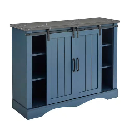47 In. Navy Blue Wood Buffet Bar Cabinet with Barn Door with Marbling Pattern Countertop