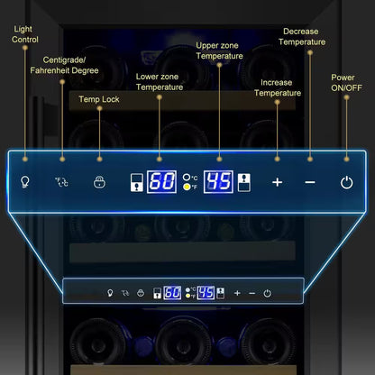 15" Dual Zone 30-Bottle Cellar Cooling Unit Built-In and Freestanding Wine Cooler in Blue LED 2 Handles Stainless Steel