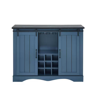 47 In. Navy Blue Wood Buffet Bar Cabinet with Barn Door with Marbling Pattern Countertop