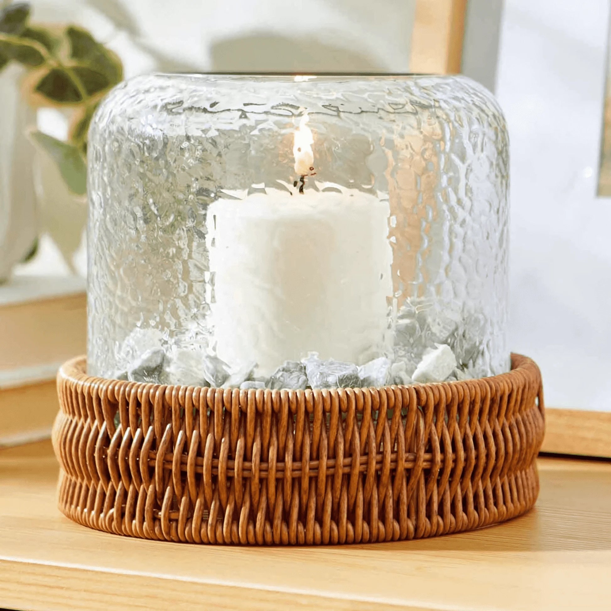 (2 Pack)  7" Decorative Clear Hammered Glass Hurricane Pillar Candle Holder with Brown Woven Base