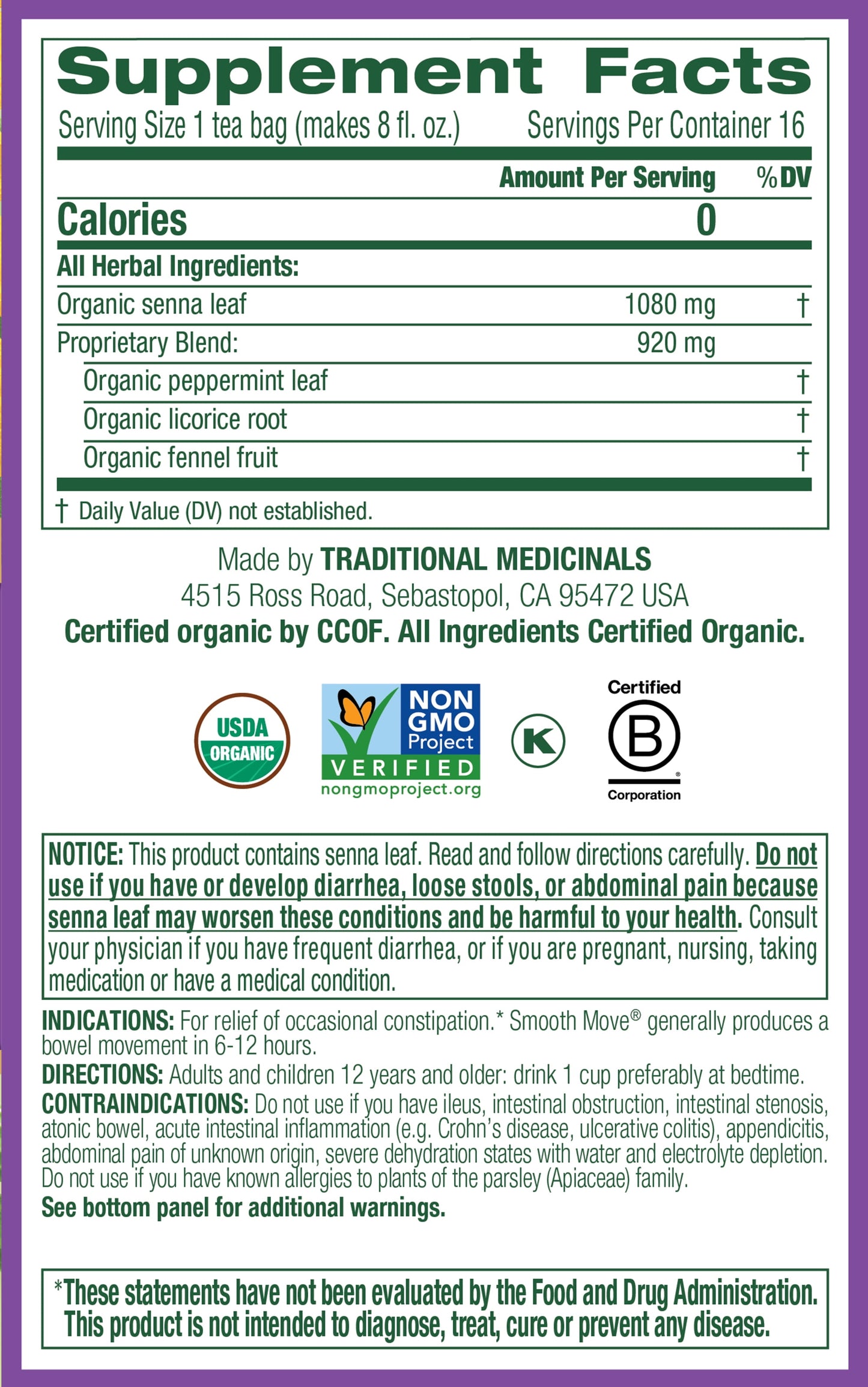 , Organic Smooth Move Tea Bags, Peppermint, 16 Count