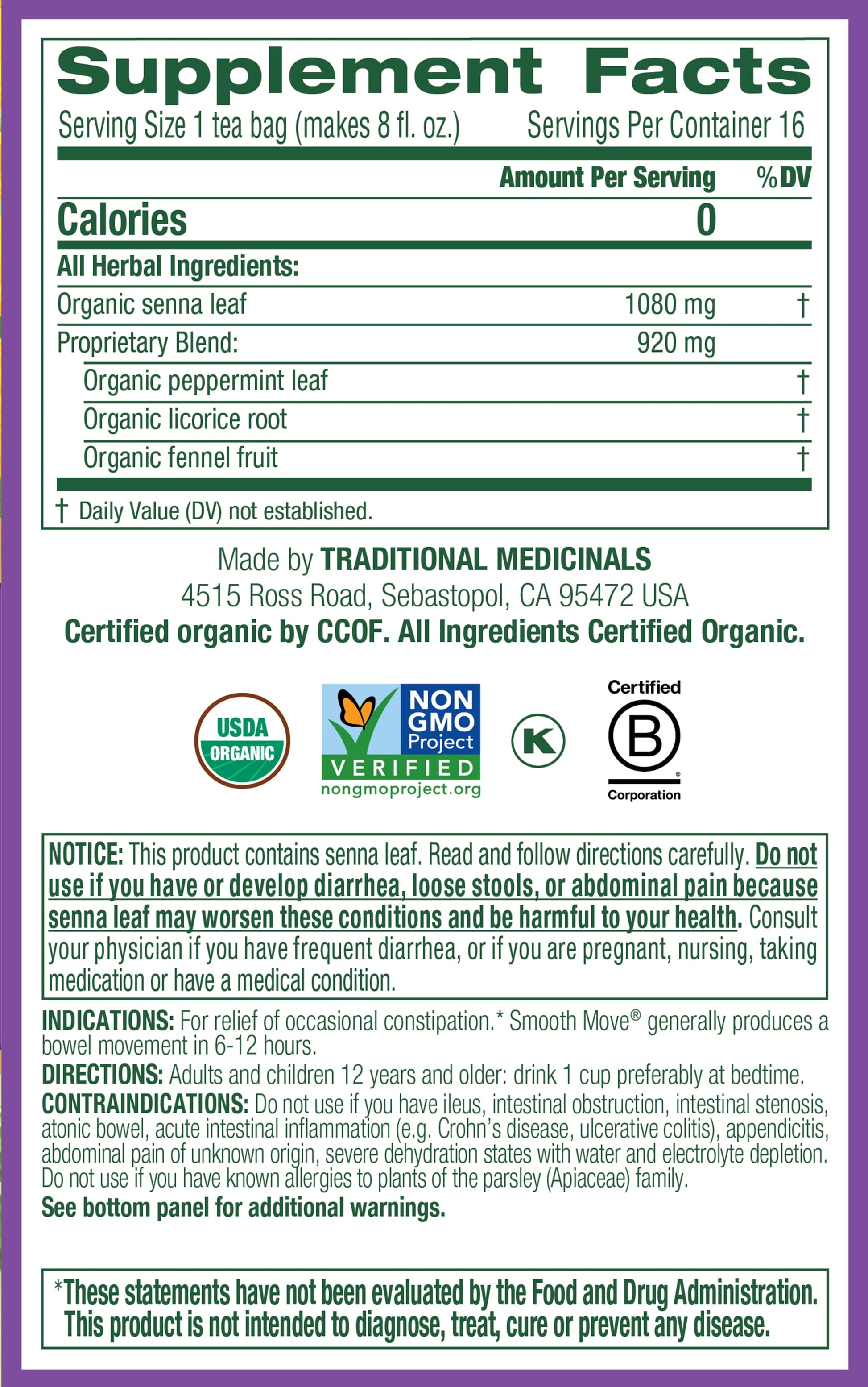 , Organic Smooth Move Tea Bags, Peppermint, 16 Count