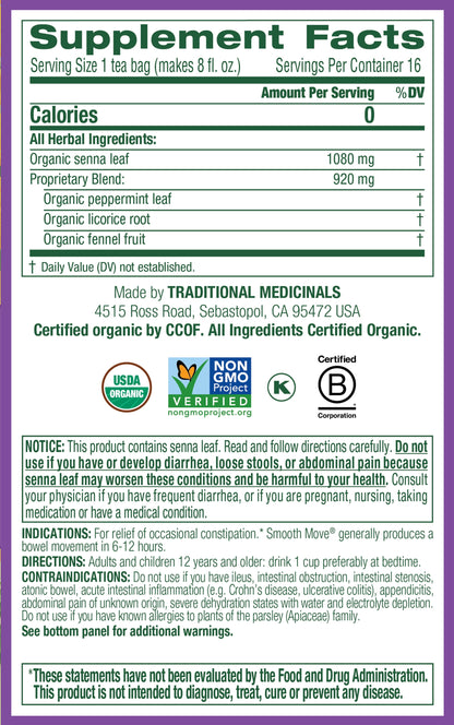 , Organic Smooth Move Tea Bags, Peppermint, 16 Count