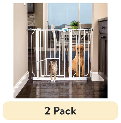 (2 Pack)  Metal Dog Gate with Walk-Through and Additional Small Door, 31" Tall, White