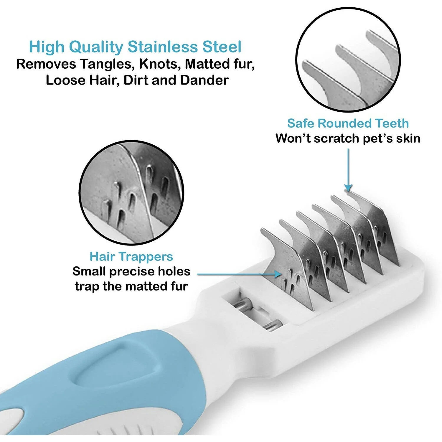 Professional Pet Mat Remover - Dematting Tool for Grooming Cats & Dogs - Removes Matted Fur, Tangles, Knots, Loose Hair & Dirt - Stainless Steel, Gentle Teeth, Soft Comfort Grip Handle