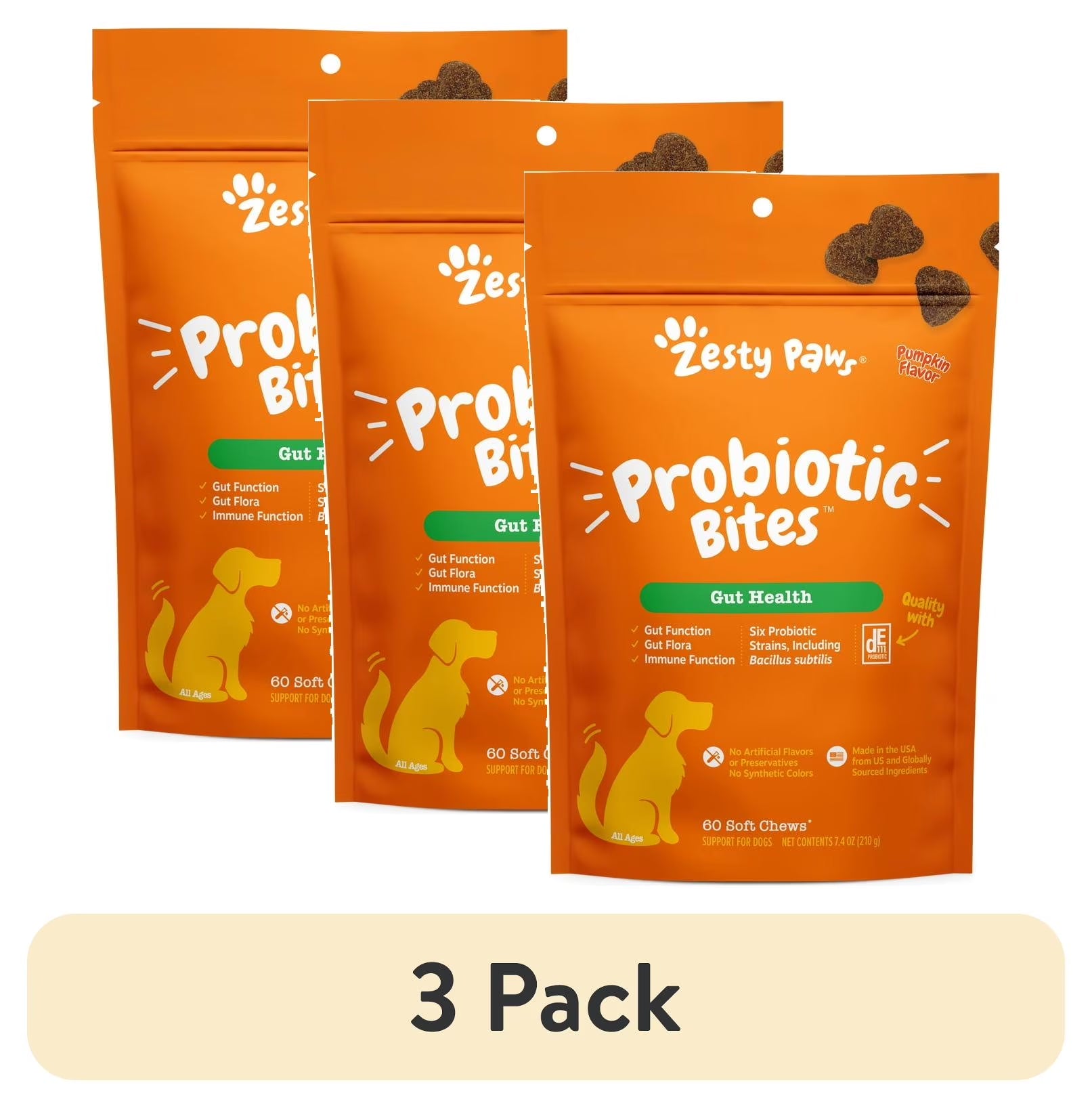 (3 Pack)  Probiotic Bites for Dogs, Pumpkin Flavor, 60 Count