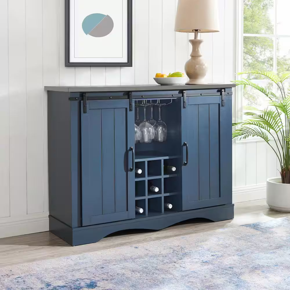 47 In. Navy Blue Wood Buffet Bar Cabinet with Barn Door with Marbling Pattern Countertop