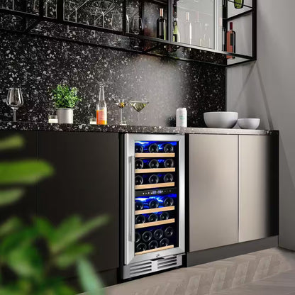 15" Dual Zone 30-Bottle Cellar Cooling Unit Built-In and Freestanding Wine Cooler in Blue LED 2 Handles Stainless Steel