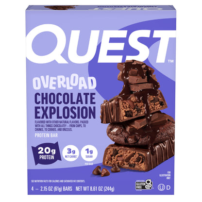 Quest Overload 20G Protein Bar, Chocolate Explosion Flavor, High Protein, Low Sugar, 4 Count