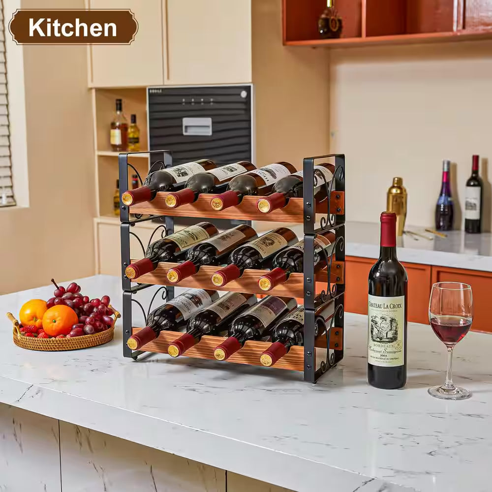 12-Bottle Black and Brown Countertop Wine Rack, Stackable Wine Organizer, 3-Tier Freestanding Wine Bottle Holder