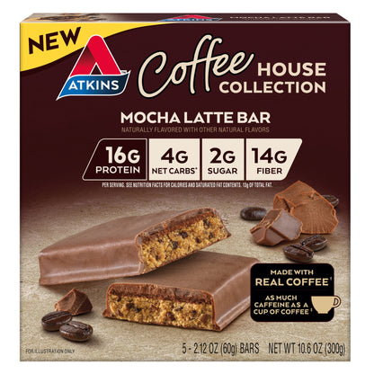 (3 Pack)  Coffee House Collection Protein Bar, Mocha Latte, High Protein, High Fiber, 5 Count