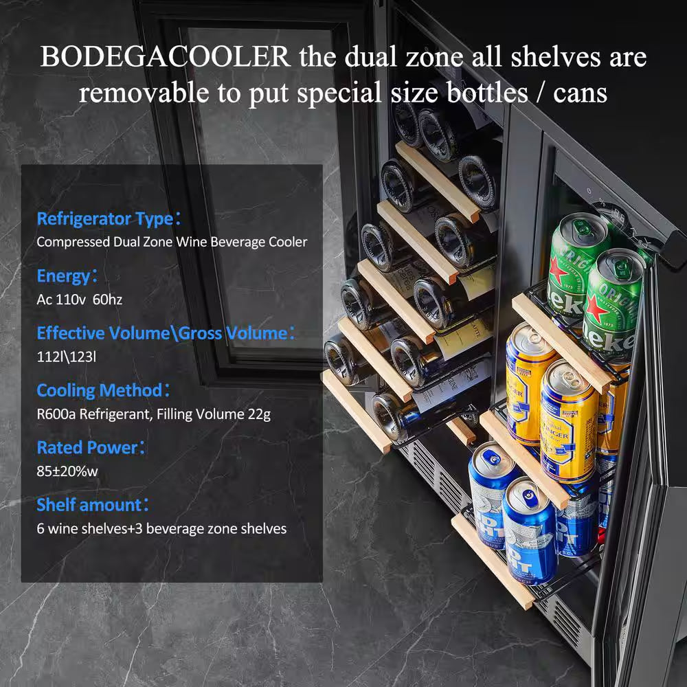 24 In. Dual Zone 19-Wine Bottles and 57-Cans Beverage and Wine Cooler in Stainless Steel with Safety Locks