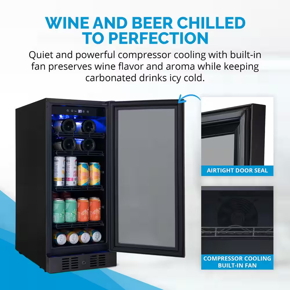 15 In. Flipshelf 33 Wine Bottles & 80 Cans Reversible Shelves Built-In Beverage and Wine Cooler in Black Stainless Steel
