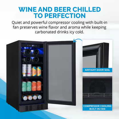 15 In. Flipshelf 33 Wine Bottles & 80 Cans Reversible Shelves Built-In Beverage and Wine Cooler in Black Stainless Steel