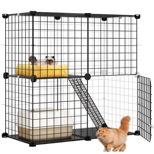 2-Tier Large Cat Cage,Indoor and Outdoor Pet Cage,Versatile DIY Pet Playpen with Removable Metal Wiring, Kitten House with Stairs for Small Pets - Puppies, Rabbits, Bunnies, Squirrels