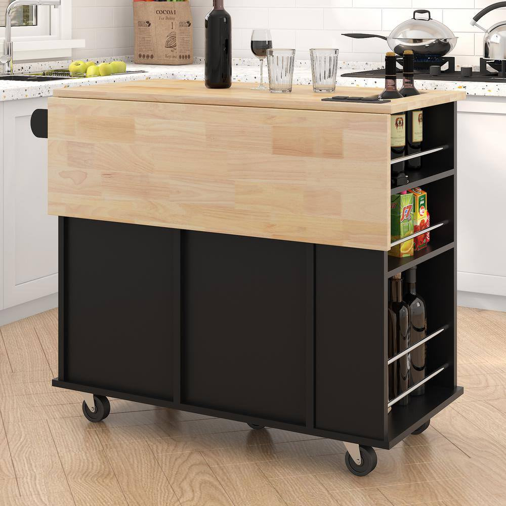 Rolling Black Drop Leaf Rubber Wood Tabletop 40 In. Kitchen Island with Power Outlet, Wine Rack and Adjustable Shelves