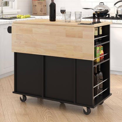 Rolling Black Drop Leaf Rubber Wood Tabletop 40 In. Kitchen Island with Power Outlet, Wine Rack and Adjustable Shelves