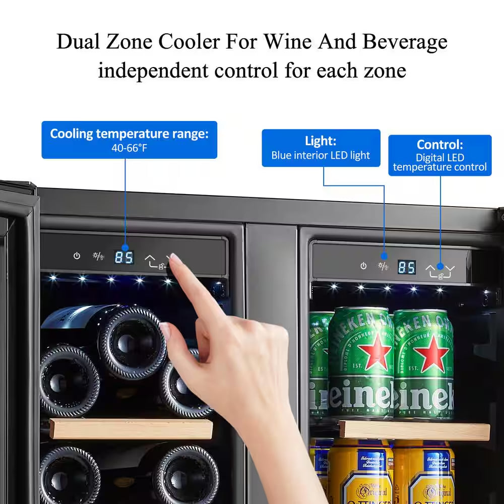 24 In. Dual Zone 19-Wine Bottles and 57-Cans Beverage and Wine Cooler in Stainless Steel with Safety Locks
