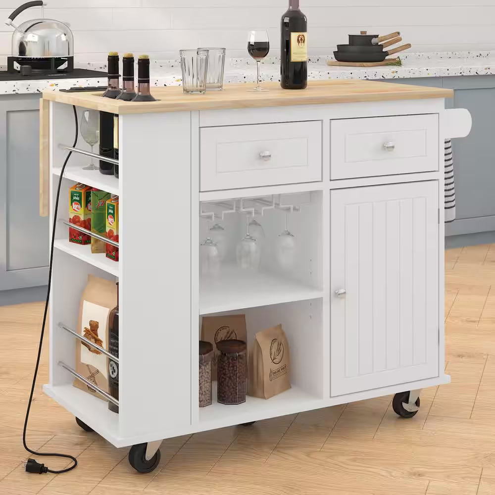 Rolling Black Drop Leaf Rubber Wood Tabletop 40 In. Kitchen Island with Power Outlet, Wine Rack and Adjustable Shelves