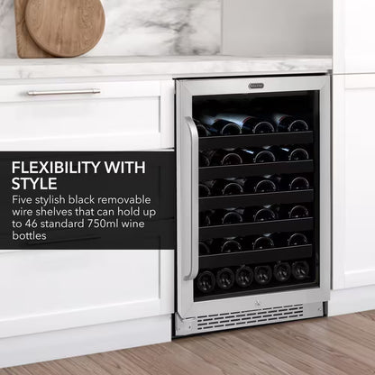 24 In. 46-Bottle Wine Cooler Fridge Built-In or Freestanding Stainless Steel Trim French Door UV Glass Protection
