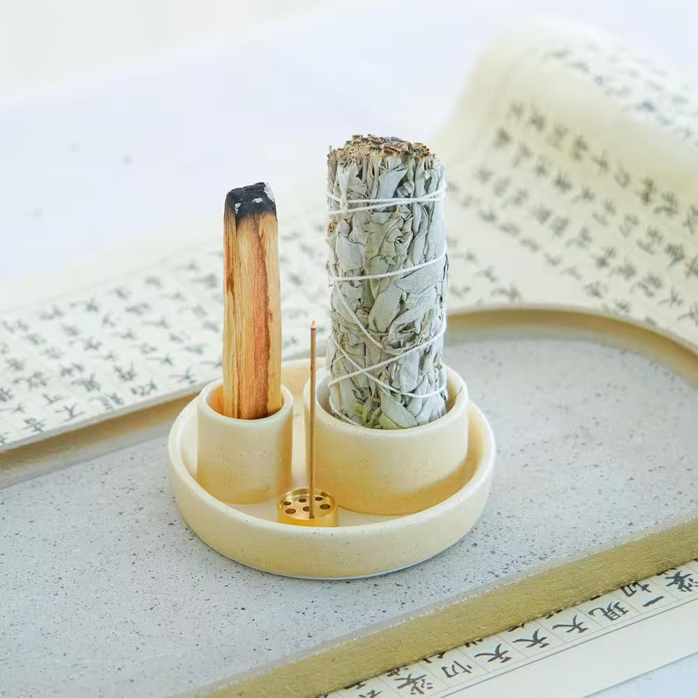 Sand Ceramic 4-In-1 Incense Holder with Ash Catcher Tray for Meditation and Yoga