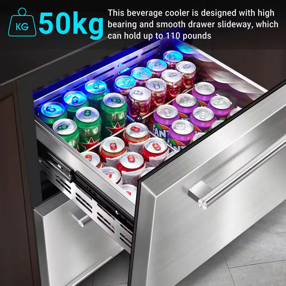 24 In. Single Zone 149 Cans Beverage & Wine Cooler with Double Drawer in Stainless Steel for Outdoor & Indoor Use